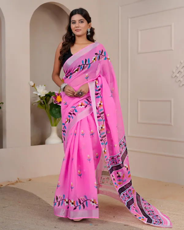 Women's_Linen_Silk_Floral_Embroidered_Saree_with_Silver_Zari_Border_(Pink)