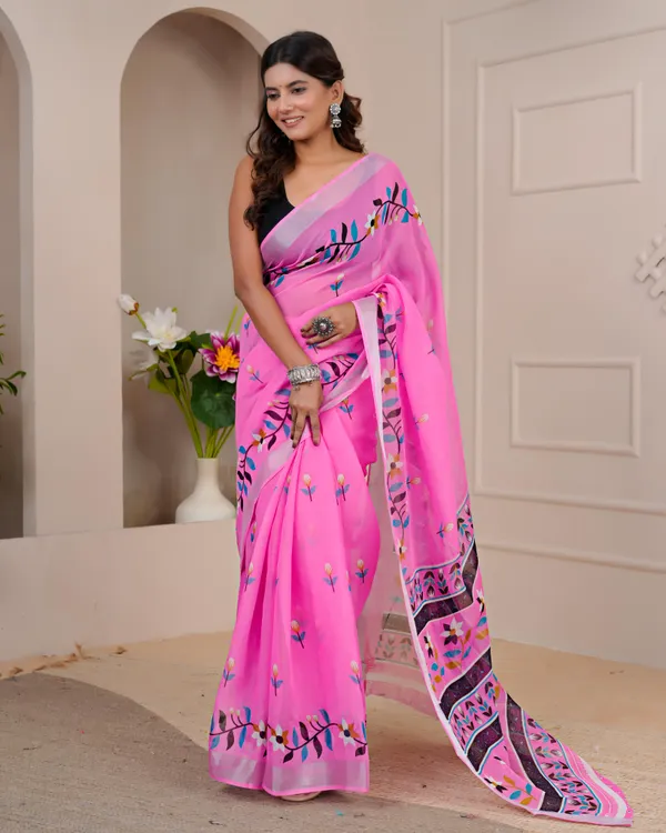 Women's_Linen_Silk_Floral_Embroidered_Saree_with_Silver_Zari_Border_(Pink)