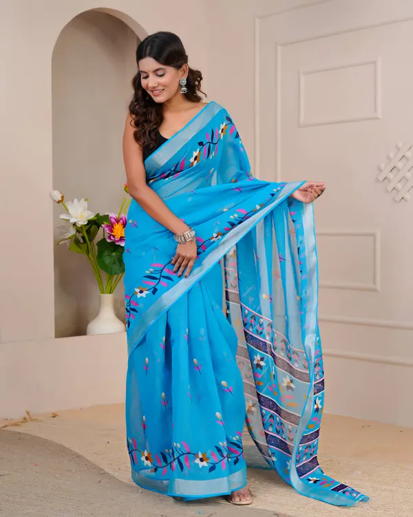 Women's_Linen_Silk_Floral_Embroidered_Saree_with_Silver_Zari_Border_(Sky_Blue)