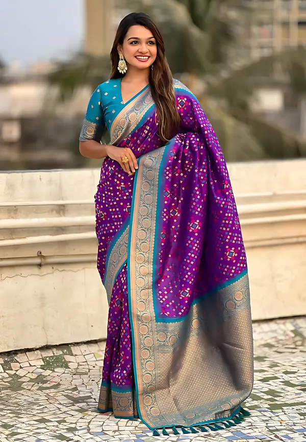 Purple_And_Blue_Banarasi_Woven_Design_Geometric_Floral_Saree_For_Women
