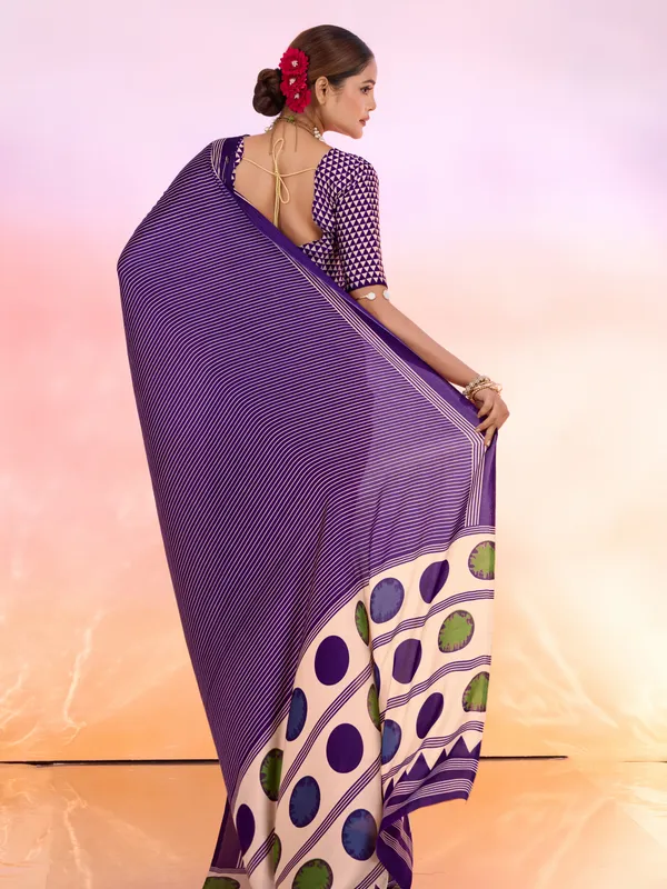 Purple_And_Cream_Art_Silk_Striped_Geometric_Print_Temple_Border_Polka_Print_Saree_For_Women