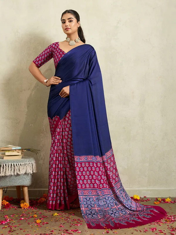 Blue_And_Maroon_Art_Silk_Printed_Floral_Print_Geometric_Print_Saree_For_Women