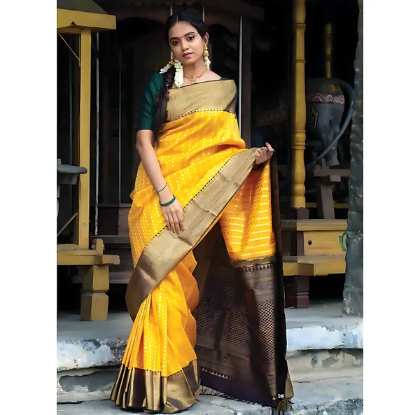 Yellow_And_Brown_Banarasi_Polka_Woven_Design_Saree_For_Women