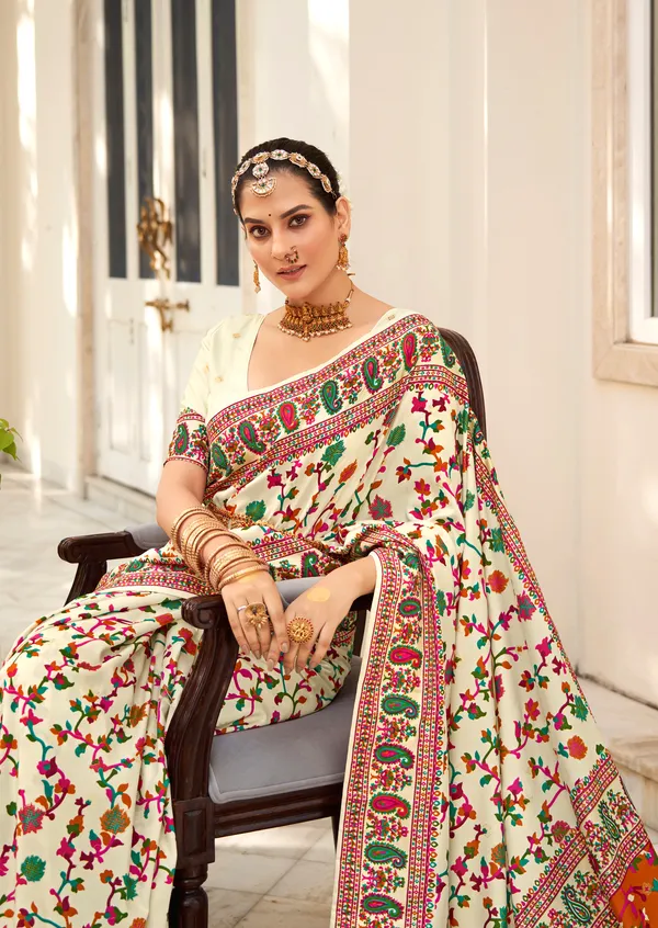 White_And_Orange_Tussar_Silk_Floral_Print_Printed_Self_Design_Saree_For_Women