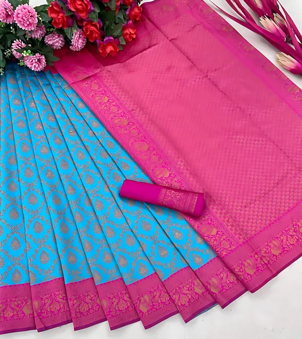Blue_And_Pink_Kanjivaram_Floral_Traditional_Zari_Work_Saree_For_Women