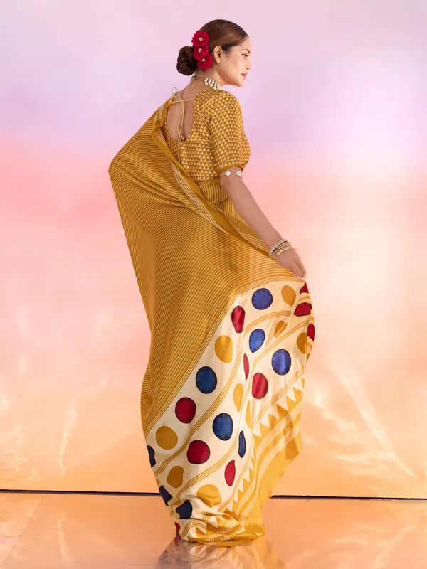 Yellow_And_Cream_Art_Silk_Striped_Geometric_Print_Temple_Border_Polka_Print_Saree_For_Women