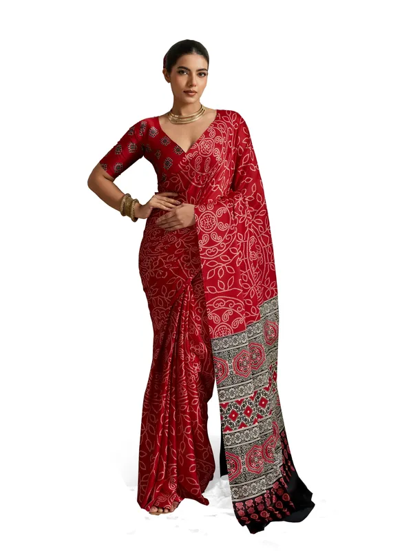 Red_And_White_Art_Silk_Blocked_Printed_Tie-Dye_Geometric_Print_Saree_For_Women