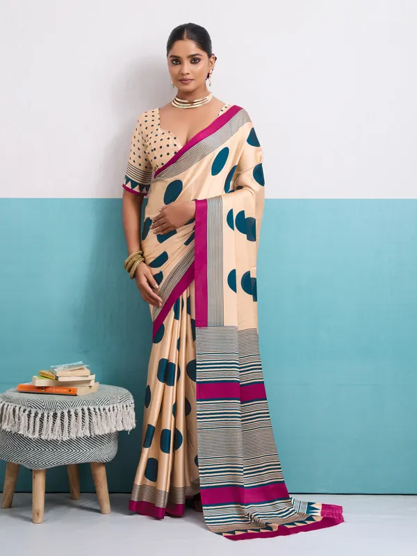 Light_Blue_And_Beige_Art_Silk_Polka_Print_Geometric_Print_Striped_Saree_For_Women