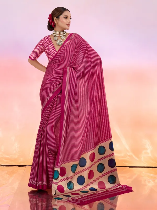 Pink_And_Cream_Art_Silk_Striped_Geometric_Print_Temple_Border_Polka_Print_Saree_For_Women