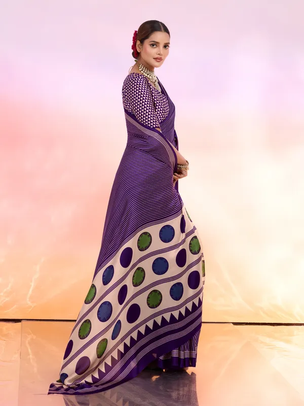 Purple_And_Cream_Art_Silk_Striped_Geometric_Print_Temple_Border_Polka_Print_Saree_For_Women