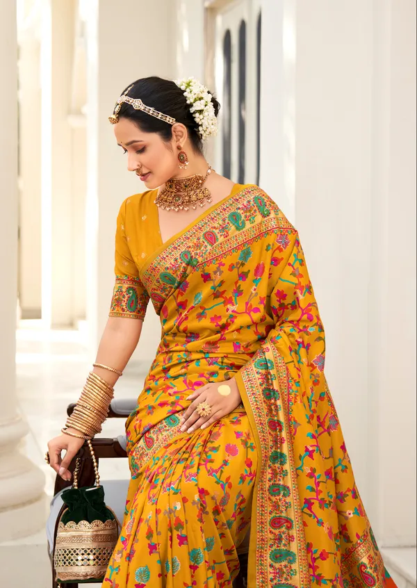 Yellow_And_Green_Tussar_Silk_Floral_Print_Printed_Self_Design_Saree_For_Women