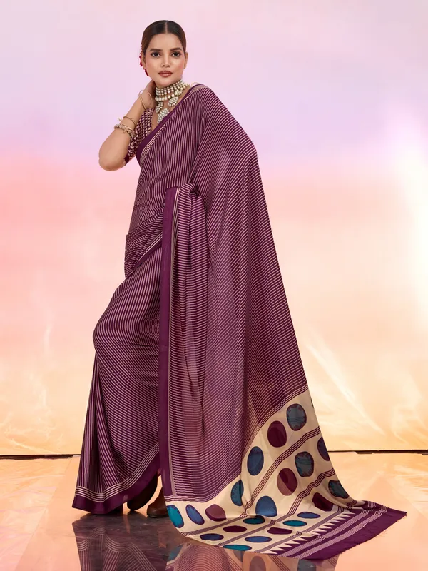 Maroon_And_Cream_Art_Silk_Striped_Geometric_Print_Temple_Border_Polka_Print_Saree_For_Women
