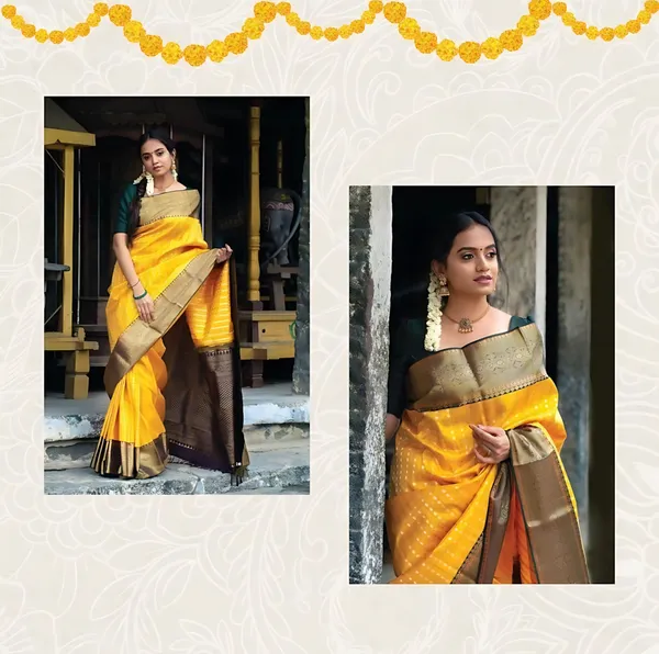 Yellow_And_Brown_Banarasi_Polka_Woven_Design_Saree_For_Women