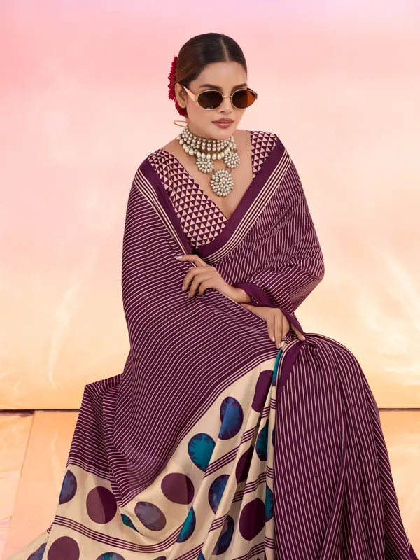 Maroon_And_Cream_Art_Silk_Striped_Geometric_Print_Temple_Border_Polka_Print_Saree_For_Women