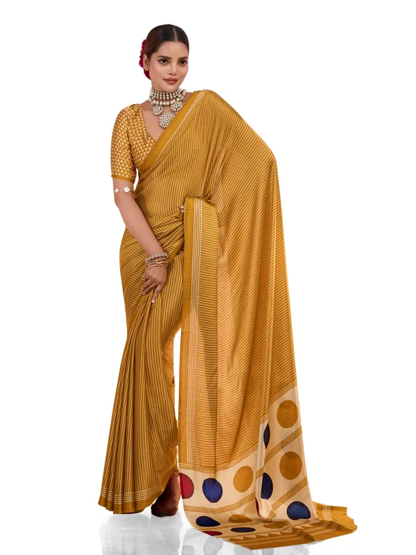 Yellow_And_Cream_Art_Silk_Striped_Geometric_Print_Temple_Border_Polka_Print_Saree_For_Women