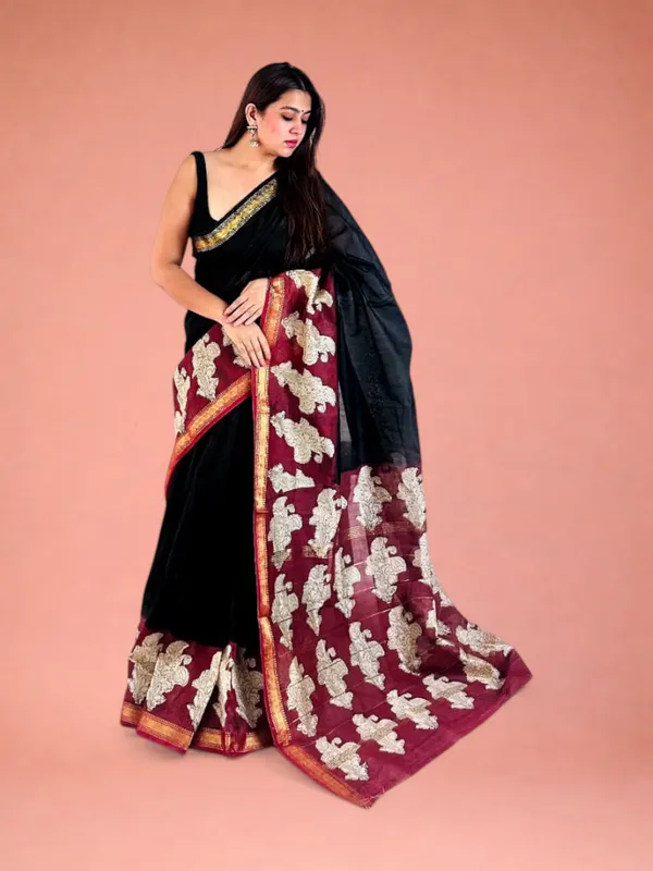 Regal_Black_&_Maroon_Hand_Block_Printed_Maheshwari_Silk_Saree_1060
