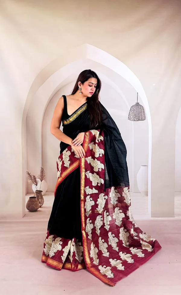 Regal_Black_&_Maroon_Hand_Block_Printed_Maheshwari_Silk_Saree_1060