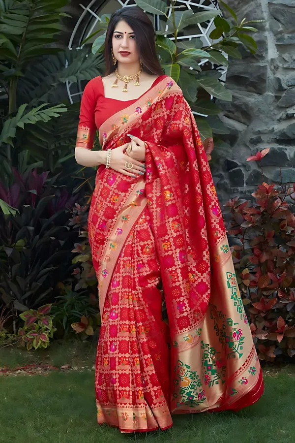 Red_Banarasi_Ethnic_Motifs_Woven_Design_Saree_For_Women