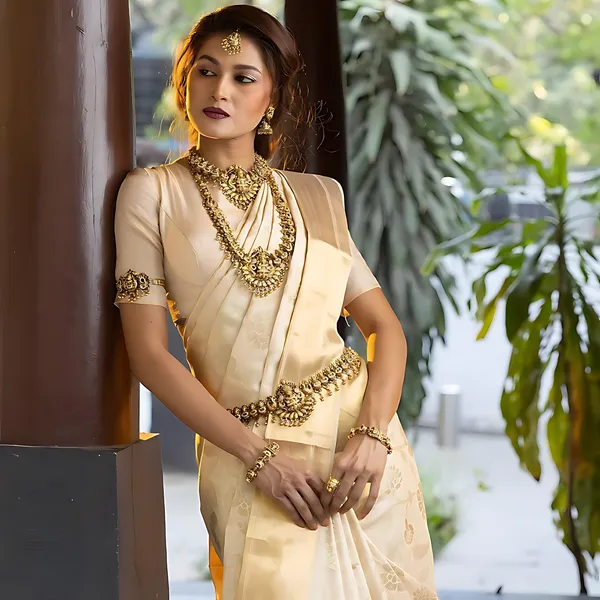Cream_And_Gold_Banarasi_Floral_Woven_Saree_For_Women