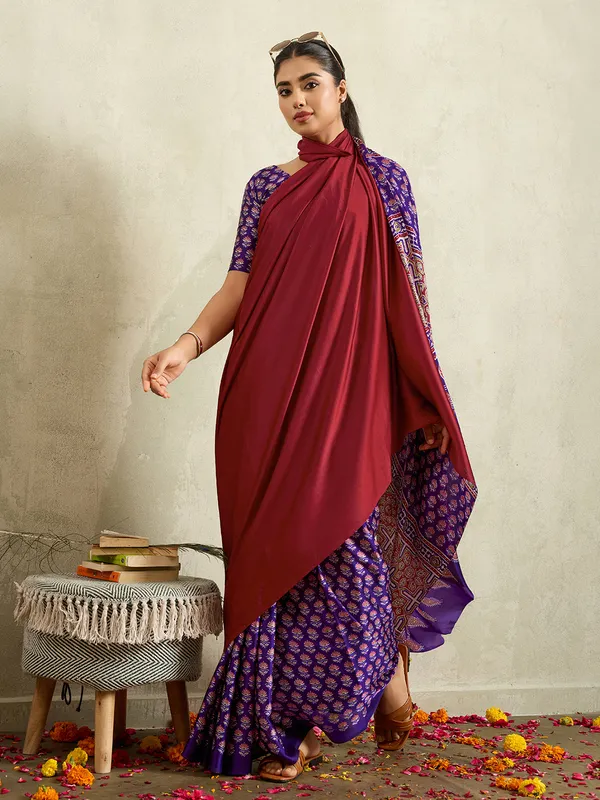 Maroon_And_Purple_Art_Silk_Printed_Floral_Print_Geometric_Print_Saree_For_Women