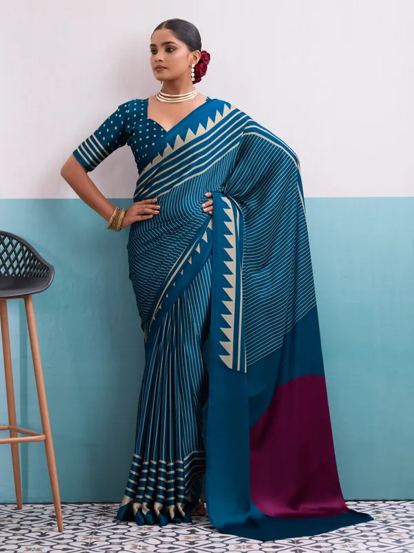 Blue_And_Cream_Art_Silk_Striped_Geometric_Print_Temple_Border_Polka_Print_Saree_For_Women