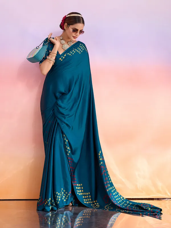 Blue_And_Yellow_Art_Silk_Solid/Plain_Tie-Dye_Geometric_Print_Saree_For_Women