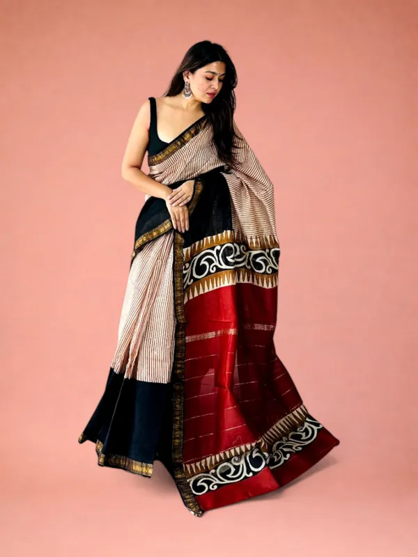Kora_Syahi_Rekha_Striped_Hand_Block_Printed_Pure_Authentic_Maheshwari_1082_Silk_Saree
