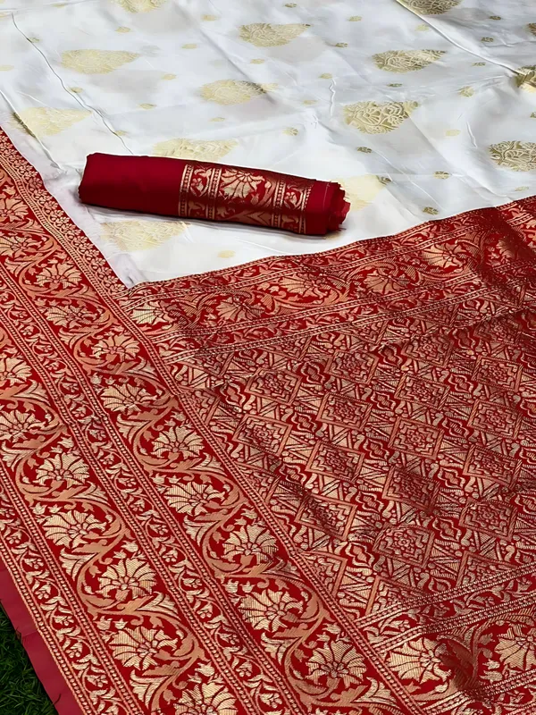 Red_and_White_Banarasi_Floral_Embellished_Saree_For_Women