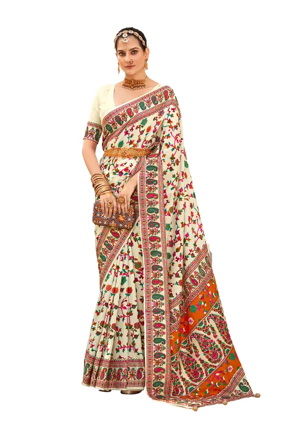 White_And_Orange_Tussar_Silk_Floral_Print_Printed_Self_Design_Saree_For_Women