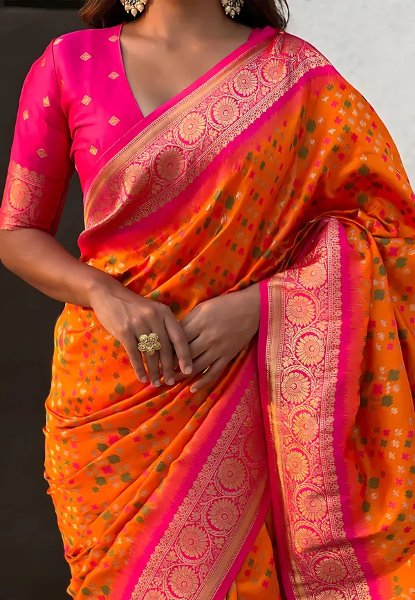 Orange_And_Pink_Banarasi_Woven_Design_Geometric_Floral_Saree_For_Women