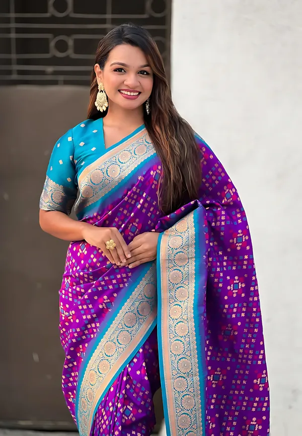 Purple_And_Blue_Banarasi_Woven_Design_Geometric_Floral_Saree_For_Women
