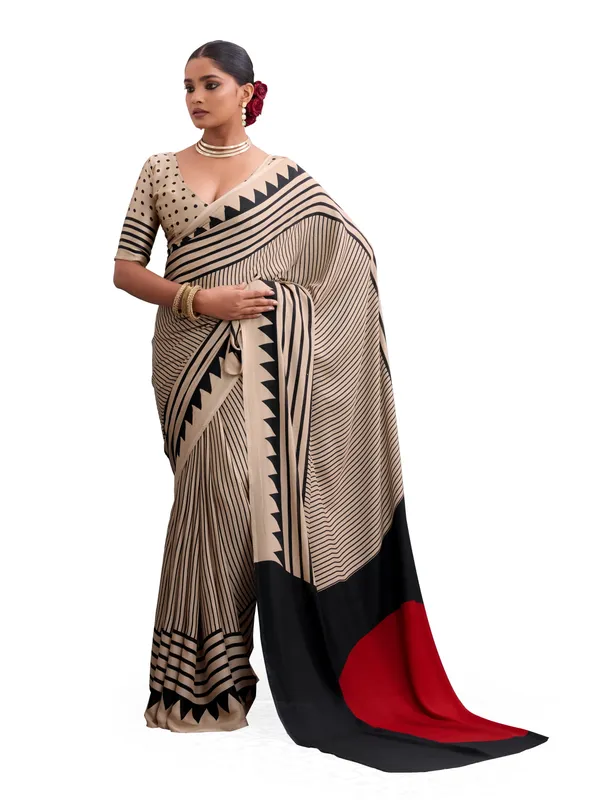 Beige_And_Black_Art_Silk_Striped_Geometric_Print_Temple_Border_Polka_Print_Saree_For_Women