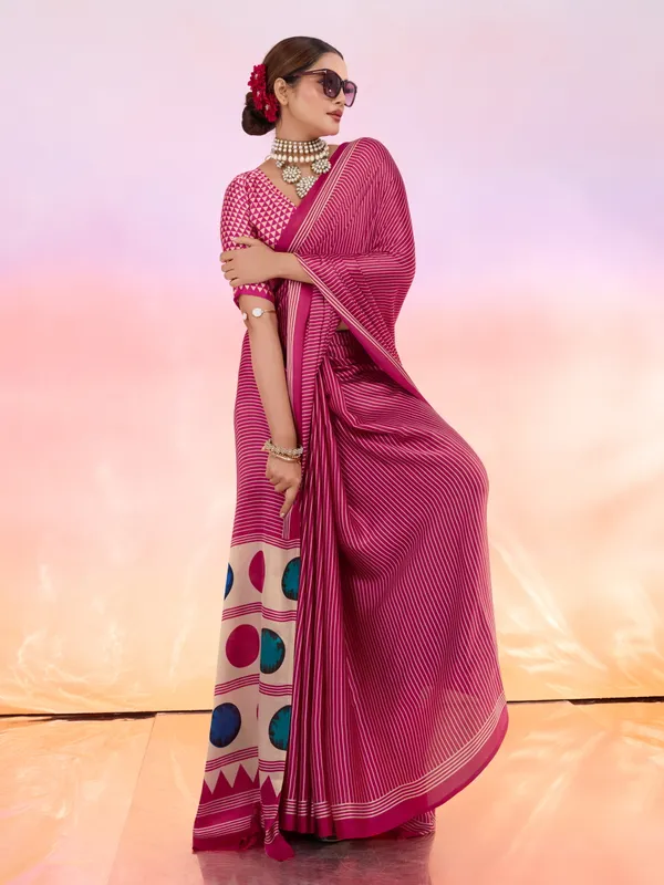 Pink_And_Cream_Art_Silk_Striped_Geometric_Print_Temple_Border_Polka_Print_Saree_For_Women