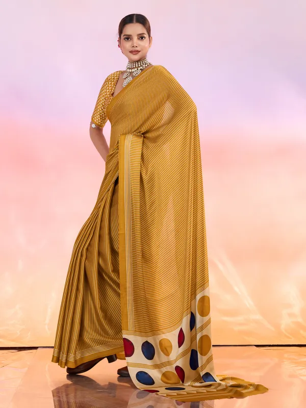 Yellow_And_Cream_Art_Silk_Striped_Geometric_Print_Temple_Border_Polka_Print_Saree_For_Women