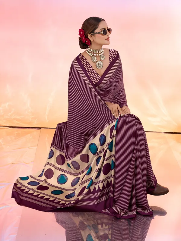 Maroon_And_Cream_Art_Silk_Striped_Geometric_Print_Temple_Border_Polka_Print_Saree_For_Women