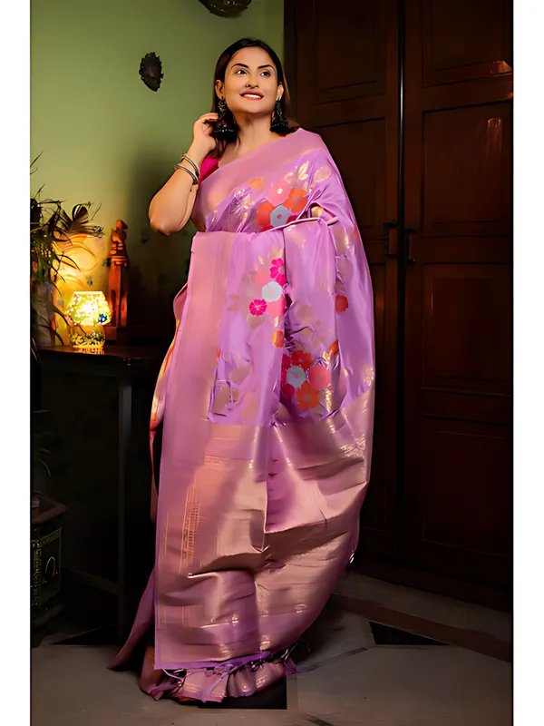 Purple_And_Gold_Banarasi_Floral_Saree_For_Women