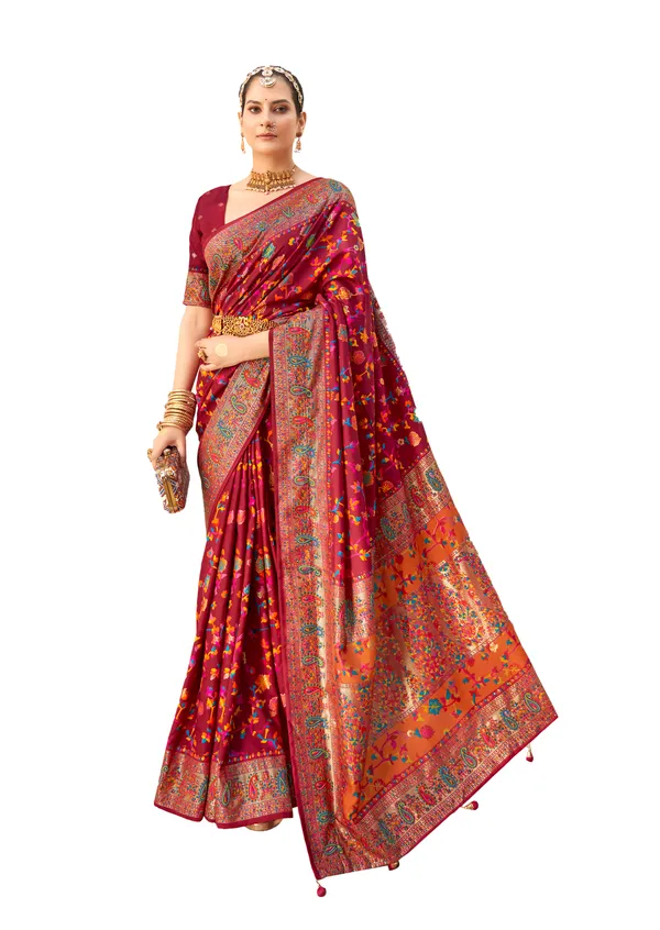 Maroon_And_Orange_Tussar_Silk_Floral_Print_Printed_Self_Design_Saree_For_Women