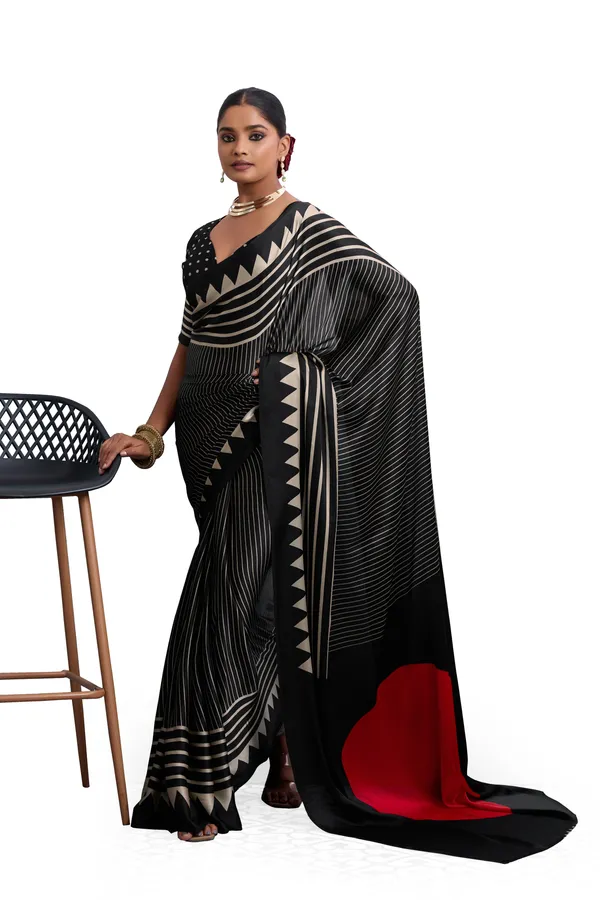 Black_And_White_Art_Silk_Striped_Geometric_Print_Temple_Border_Polka_Print_Saree_For_Women