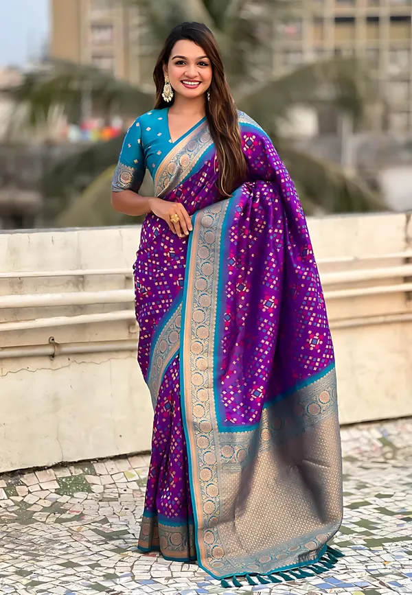 Purple_And_Blue_Banarasi_Woven_Design_Geometric_Floral_Saree_For_Women