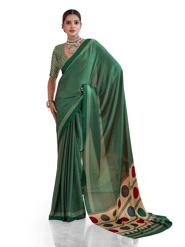 Green_And_Cream_Art_Silk_Striped_Geometric_Print_Temple_Border_Polka_Print_Saree_For_Women