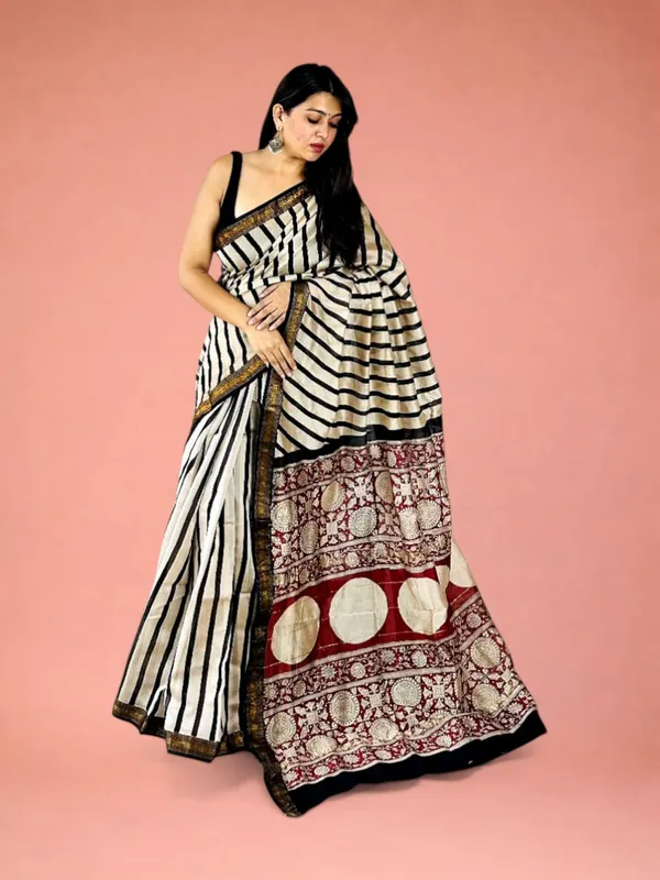 Madder_Rekha_Noir_Striped_Hand_Block_Printed_Maheshwari_Silk_Saree_1085