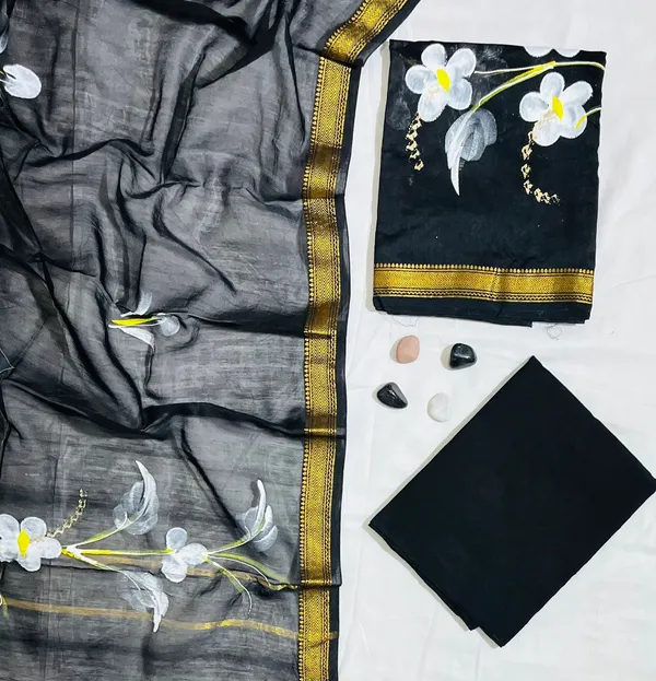 Minimalist_Floral_hand-Block_Print_Jet_Black_Pure_Maheshwari_Silk_Unstitched_Suit