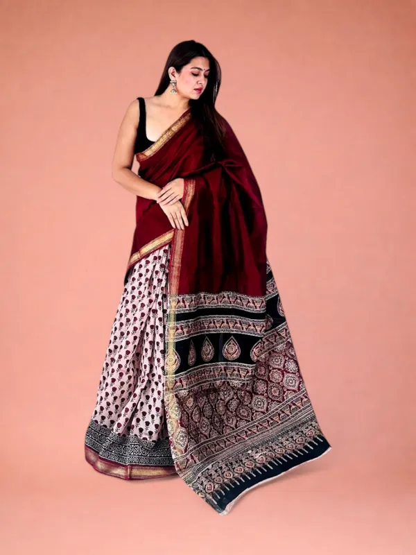 Rakta_Chandan_Red_&_White_Hand_Block_Printed_Maheshwari_Silk_Saree_1063