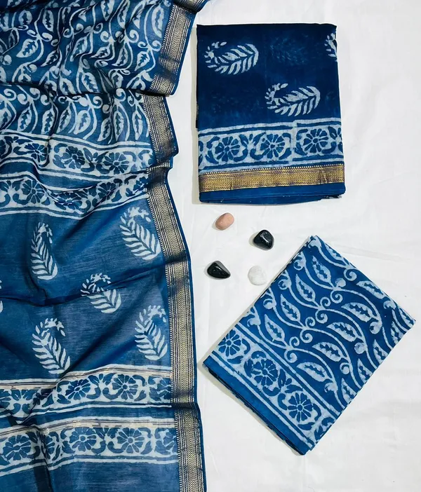 Handcrafted_Indigo_Blue_Floral_Hand-Block_Printed_Maheshwari_Silk_Unstitched_Suit