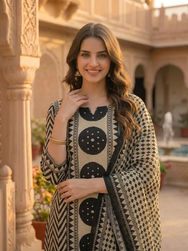 Black_Beige_Cotton_Geometric_Print_Mirror_Work_Kurta_Set_For_Women