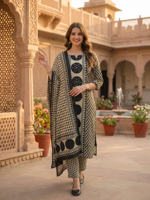 Black_Beige_Cotton_Geometric_Print_Mirror_Work_Kurta_Set_For_Women