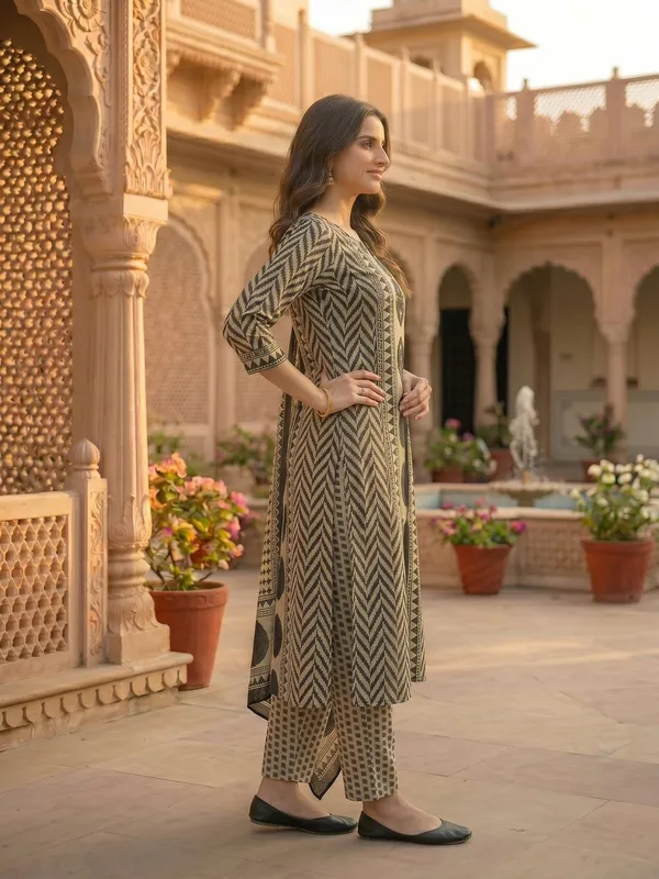 Black_Beige_Cotton_Geometric_Print_Mirror_Work_Kurta_Set_For_Women