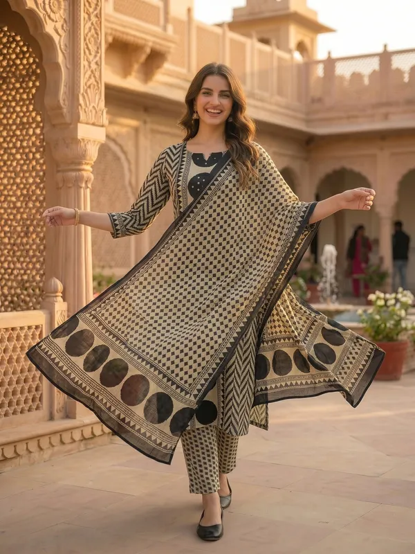 Black_Beige_Cotton_Geometric_Print_Mirror_Work_Kurta_Set_For_Women