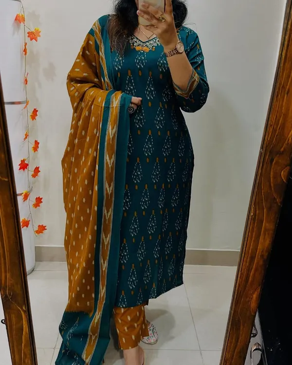 Libas_Premium_Ajrak_Cotton_Suit_Set_?_Teal_&_Mustard_Ikat_Print_|_Kurti,_Pant_&_Dupatta