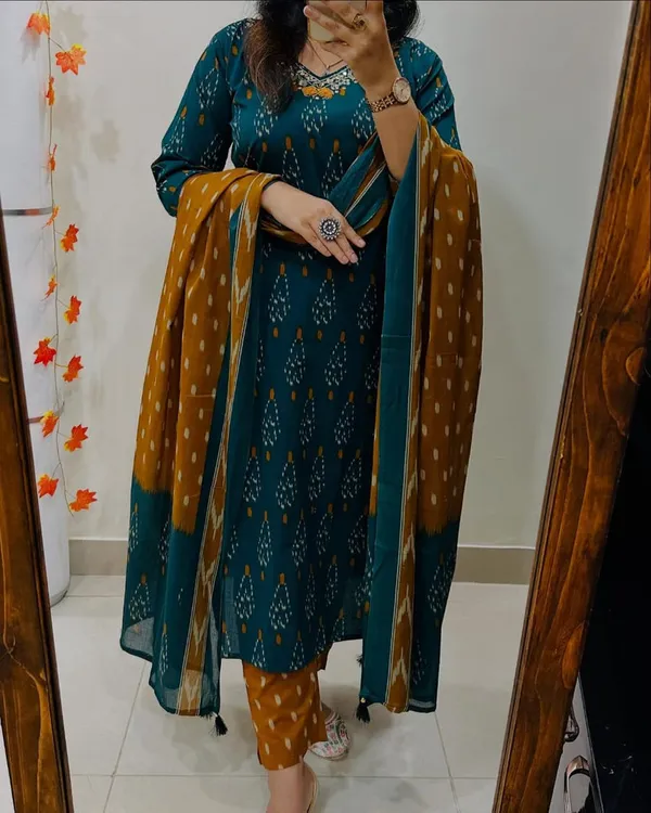 Libas_Premium_Ajrak_Cotton_Suit_Set_?_Teal_&_Mustard_Ikat_Print_|_Kurti,_Pant_&_Dupatta